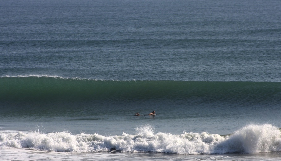 There are so many fun waves in Nags Head that this guy didn\'t even paddle for this one.  Photo: Mickey McCarthy.